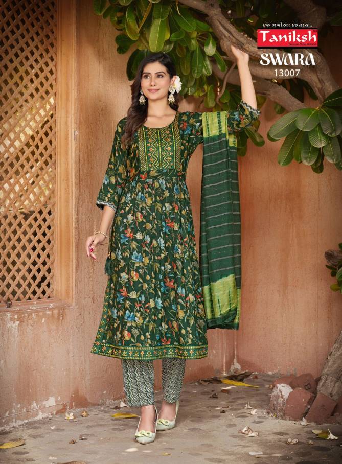 Swara Vol 13 By Taniksh Rayon Printed Embroidery Kurti With Bottom Dupatta Wholesale Online
